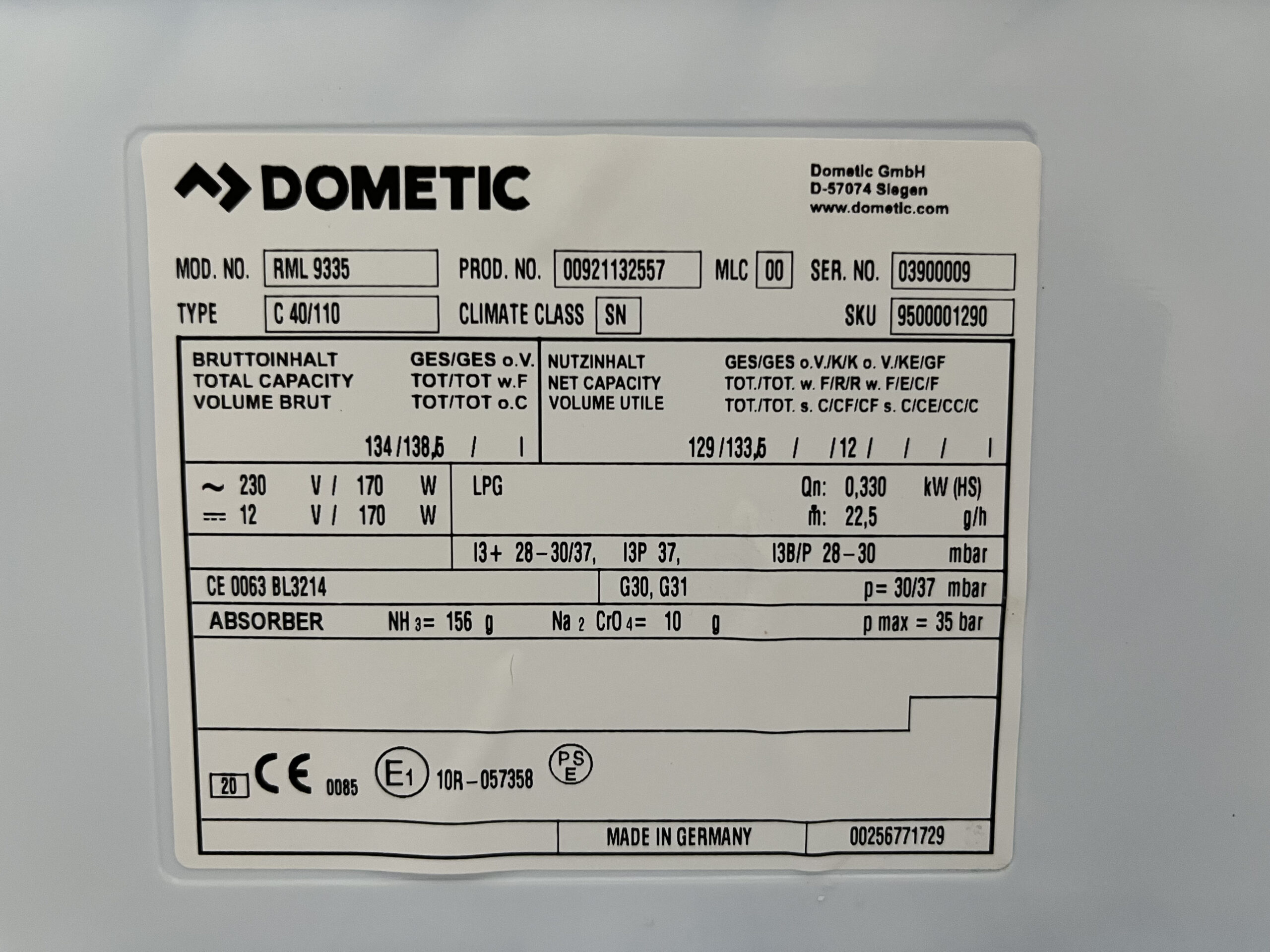 Dometic Kühlschrank Refrigeration 9 Series RML9335