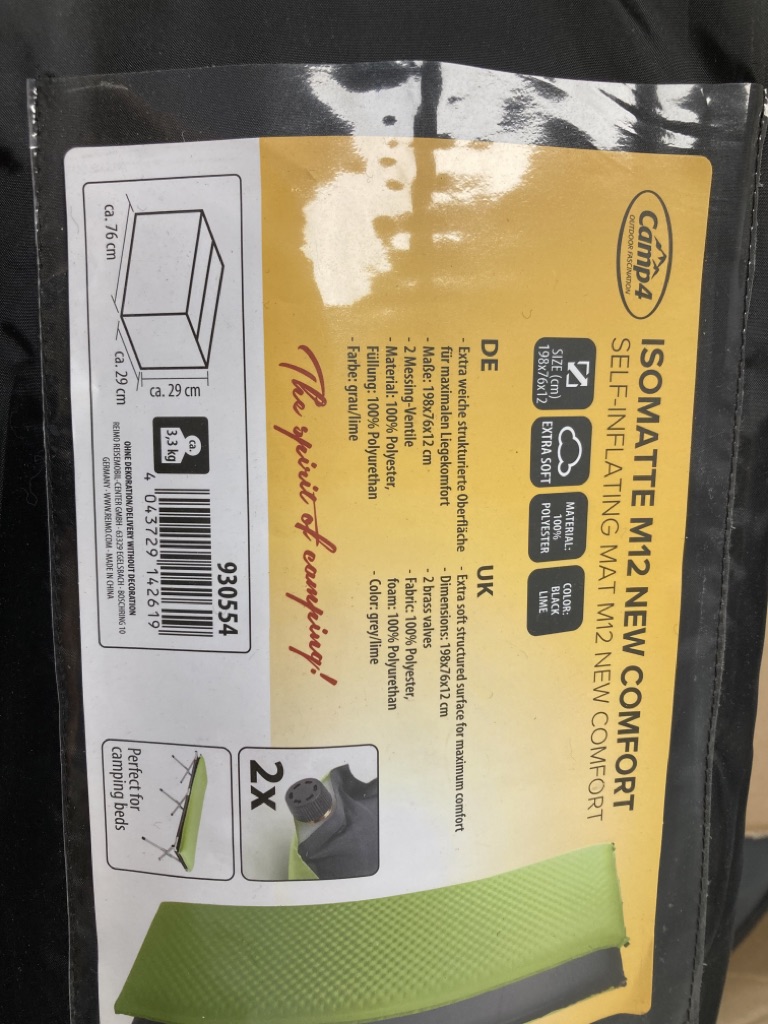 Camp4 Isomatte M12 New Comfort 198x76x12cm Art.-Nr.:930554 schwarz/lime