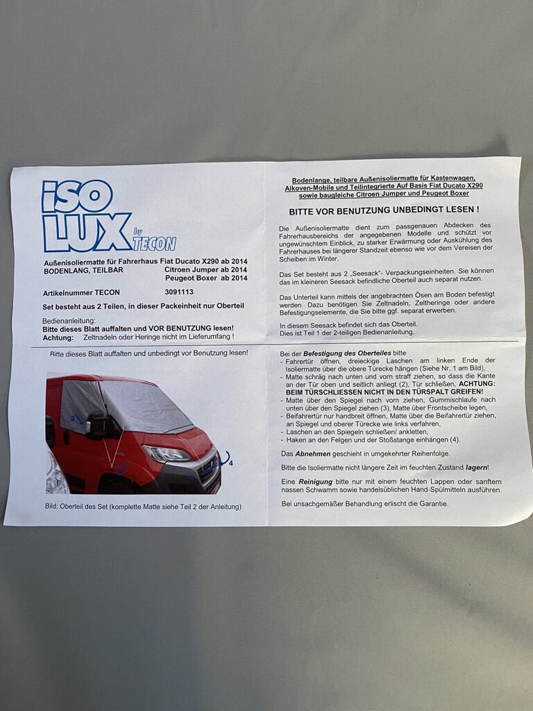 IsoLux Außenisoliermatte für Fahrerhaus Fiat Ducato / Citroen Jumper / Peugeot Boxer ab 2014