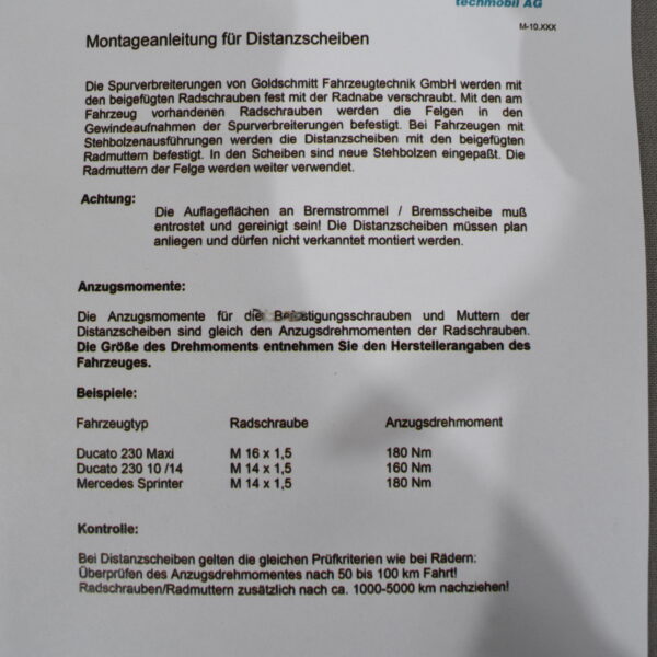 Spurverbreiterung für Ducato 230 Maxi Daily 10/14 und Mercedes Sprinter